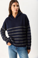Kadın Angelica Kapüşonlu Çizgili Regular Fit Triko Kazak - Lacivert - Antrasit Çizgili