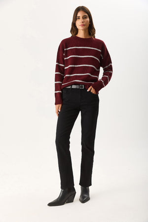 Kadın Anita Bisiklet Yaka Çizgili Triko Kazak - Bordo - Gri Çizgili