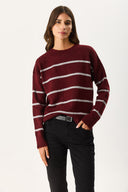 Kadın Anita Bisiklet Yaka Çizgili Triko Kazak - Bordo - Gri Çizgili