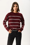 Kadın Anita Bisiklet Yaka Çizgili Triko Kazak - Bordo - Gri Çizgili