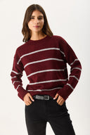 Kadın Anita Bisiklet Yaka Çizgili Triko Kazak - Bordo - Gri Çizgili