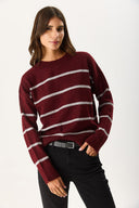 Kadın Anita Bisiklet Yaka Çizgili Triko Kazak - Bordo - Gri Çizgili