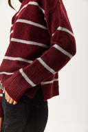 Kadın Anita Bisiklet Yaka Çizgili Triko Kazak - Bordo - Gri Çizgili