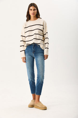 Kadın Anita Bisiklet Yaka Çizgili Triko Kazak - Fildişi - Kahverengi Çizgili