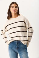Kadın Anita Bisiklet Yaka Çizgili Triko Kazak - Fildişi - Kahverengi Çizgili