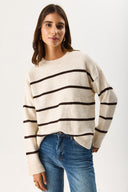 Kadın Anita Bisiklet Yaka Çizgili Triko Kazak - Fildişi - Kahverengi Çizgili