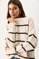 Kadın Anita Bisiklet Yaka Çizgili Triko Kazak - Fildişi - Kahverengi Çizgili