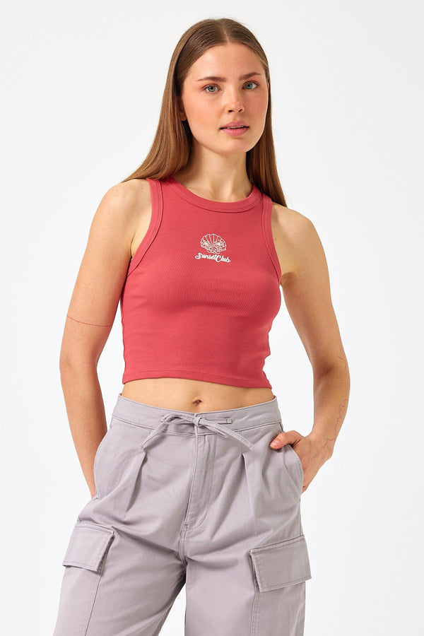 Kadın Anna Kiremit Nakışlı Yüzücü Crop Top