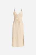 Kadın Askılı Boncuklu Keten Midi Boy Elbise - Naturel