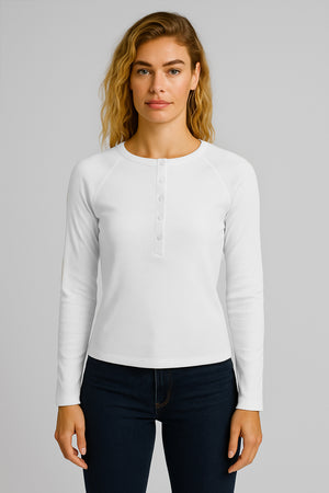 Kadın Basic Uzun Kollu Patlı Tişört - Beyaz