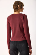 Kadın Basic Uzun Kollu Patlı Tişört - Bordo