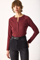 Kadın Basic Uzun Kollu Patlı Tişört - Bordo