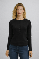 Kadın Basic Uzun Kollu Patlı Tişört - Siyah