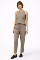Kadın Beli Lastikli Çizgili Keten Baggy Pantolon-Kahverengi Çizgili