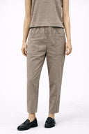 Kadın Beli Lastikli Çizgili Keten Baggy Pantolon-Kahverengi Çizgili