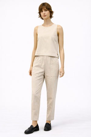 Kadın Beli Lastikli Çizgili Keten Baggy Pantolon-Taş Çizgili