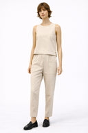 Kadın Beli Lastikli Çizgili Keten Baggy Pantolon-Taş Çizgili