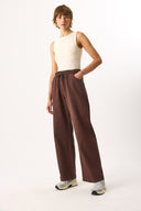 Kadın Beli Lastikli Geniş Paça Pantolon %100 Pamuk - Kahverengi
