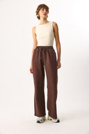 Kadın Beli Lastikli Geniş Paça Pantolon %100 Pamuk - Kahverengi