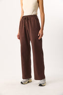 Kadın Beli Lastikli Geniş Paça Pantolon %100 Pamuk - Kahverengi
