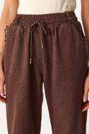 Kadın Beli Lastikli Geniş Paça Pantolon %100 Pamuk - Kahverengi