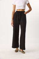 Kadın Beli Lastikli Geniş Paça Pantolon %100 Pamuk - Siyah