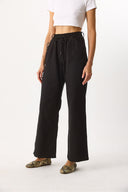 Kadın Beli Lastikli Geniş Paça Pantolon %100 Pamuk - Siyah