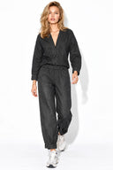 Kadın Beli Lastikli Paçası Pileli Balon Form Jean Pantolon(TENCEL)(TM)-Black