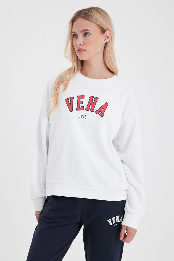 Kadın Bisiklet Yaka Logo Baskılı Pamuklu Sweatshirt - BEYAZ