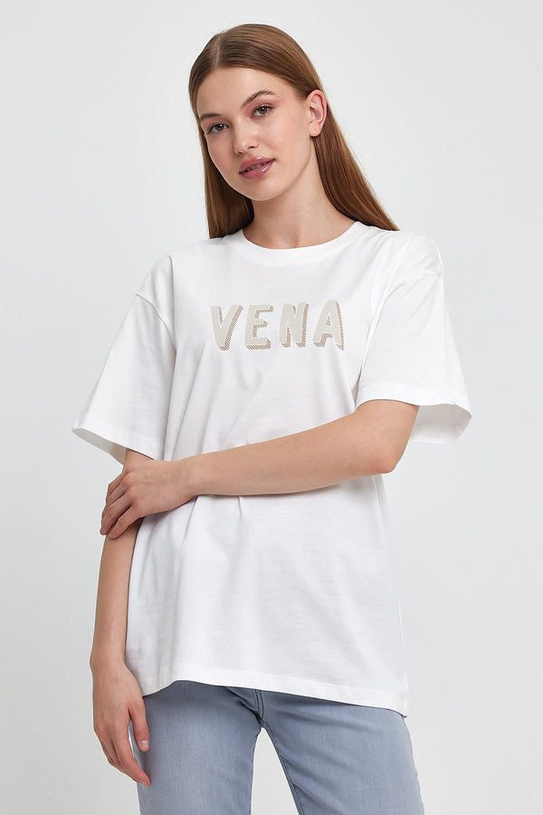 Kadın Bisiklet Yaka Logo Baskılı Oversize Tişört - FİLDİŞİ
