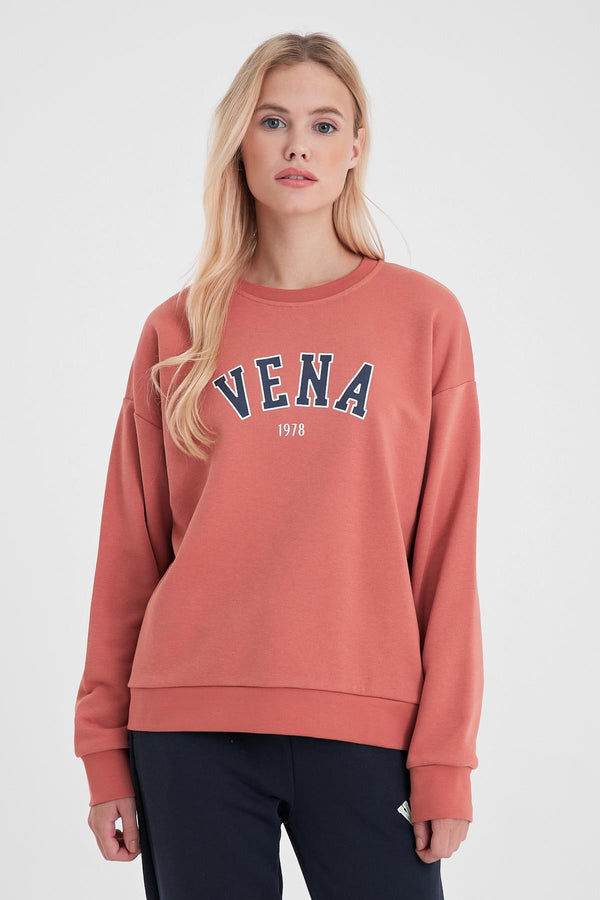 Kadın Bisiklet Yaka Logo Baskılı Pamuklu Sweatshirt - GÜLKURUSU