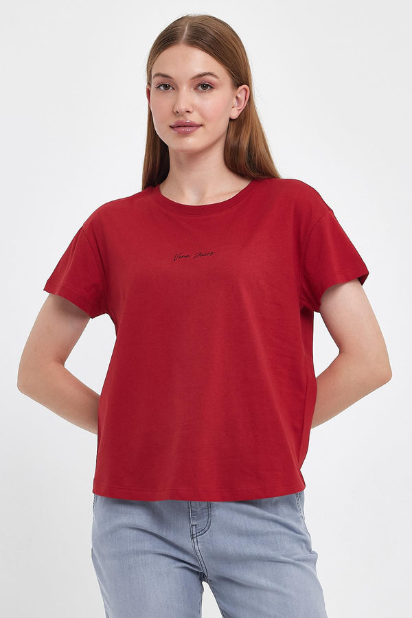 Kadın Bisiklet Yaka Logo Baskılı Regular Fit Tişört - KIRMIZI