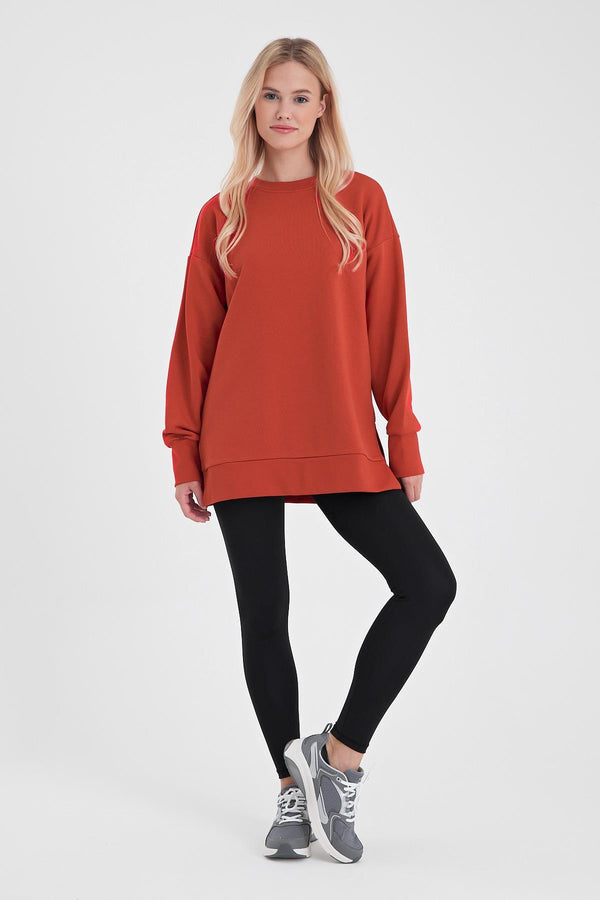 Bisiklet Yaka Yanı Yırtmaçlı Regular Fit 3 İplik Sweatshirt - KIRMIZI