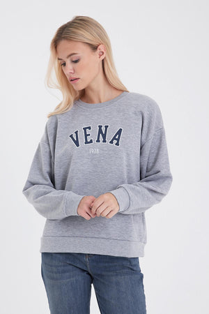 Kadın Bisiklet Yaka Logo Baskılı Pamuklu Sweatshirt - Gri Melanj