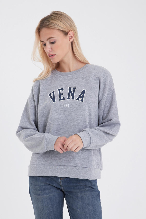 Kadın Bisiklet Yaka Logo Baskılı Pamuklu Sweatshirt - Gri Melanj