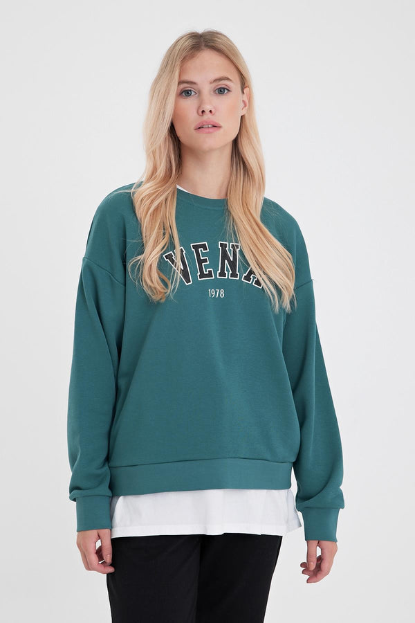 Kadın Bisiklet Yaka Logo Baskılı Pamuklu Sweatshirt - Orman