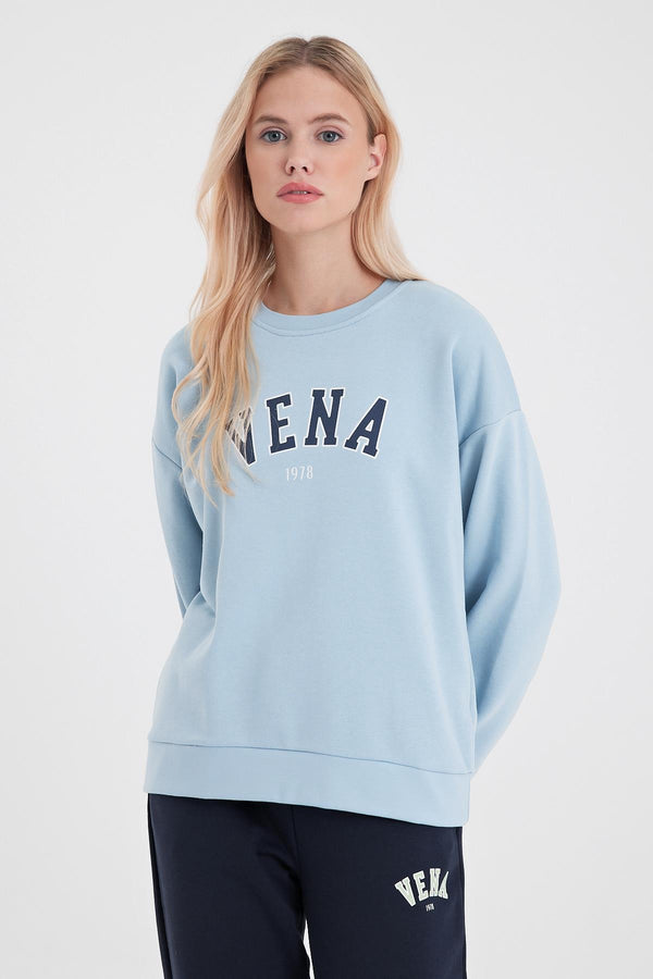 Kadın Bisiklet Yaka Logo Baskılı Pamuklu Sweatshirt - Gök Mavisi