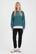 Kadın Bisiklet Yaka Logo Baskılı Pamuklu Sweatshirt - Orman