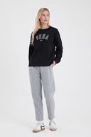 Kadın Bisiklet Yaka Logo Baskılı Pamuklu Sweatshirt - Siyah