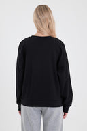 Kadın Bisiklet Yaka Logo Baskılı Pamuklu Sweatshirt - Siyah