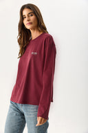 Kadın Bisiklet Yaka Logo Baskılı Uzun Kollu Tişört %100 Pamuk - Bordo