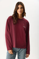 Kadın Bisiklet Yaka Logo Baskılı Uzun Kollu Tişört %100 Pamuk - Bordo