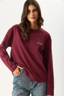 Kadın Bisiklet Yaka Logo Baskılı Uzun Kollu Tişört %100 Pamuk - Bordo