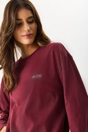 Kadın Bisiklet Yaka Logo Baskılı Uzun Kollu Tişört %100 Pamuk - Bordo