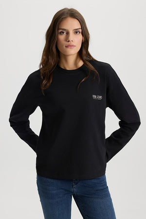 Kadın Bisiklet Yaka Logo Baskılı Uzun Kollu Tişört %100 Pamuk - Siyah