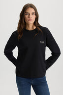 Kadın Bisiklet Yaka Logo Baskılı Uzun Kollu Tişört %100 Pamuk - Siyah