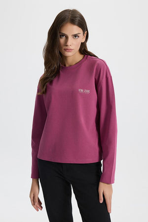 Kadın Bisiklet Yaka Logo Baskılı Uzun Kollu Tişört %100 Pamuk - Mürdüm