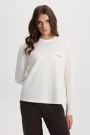 Kadın Bisiklet Yaka Logo Baskılı Uzun Kollu Tişört %100 Pamuk - Fildişi