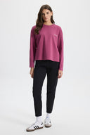 Kadın Bisiklet Yaka Logo Baskılı Uzun Kollu Tişört %100 Pamuk - Mürdüm