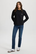 Kadın Bisiklet Yaka Logo Baskılı Uzun Kollu Tişört %100 Pamuk - Siyah